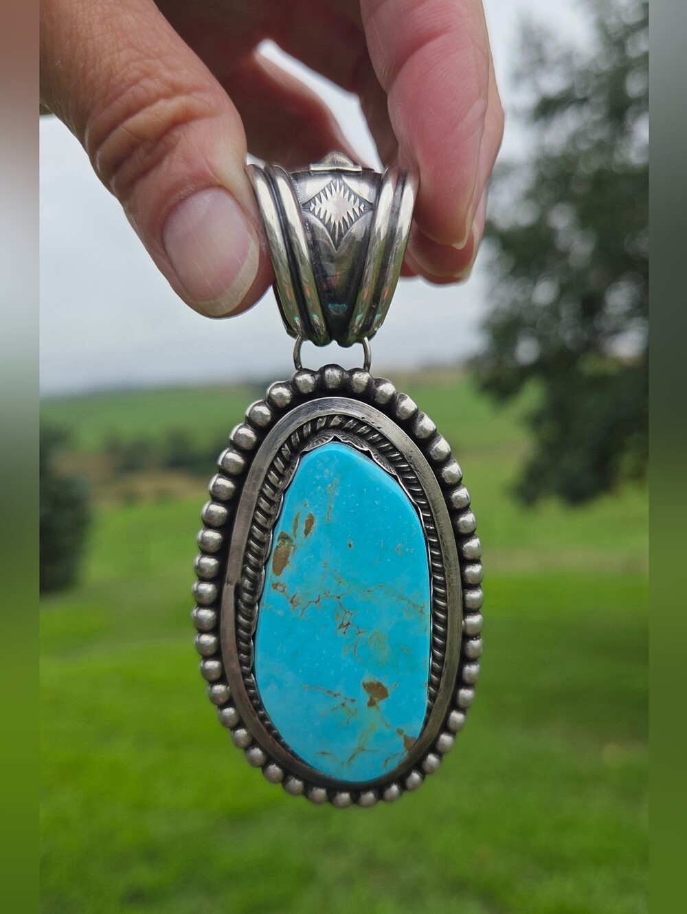 HANDMADE NAVAJO LARGE KINGMAN TURQUOISE STERLING PENDANT GLENN LIVINGSTON